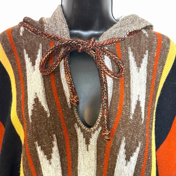 VTG BOHO AZTEC 60s 70s PONCHO HOODED FRINGED WESTERN FESTIVAL CUDDLE KNIT OS - Picture 2 of 6